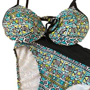 Ibiza Womens Turquoise/Green Design Padded Bra High Waist Beach Bikini, Sz-12